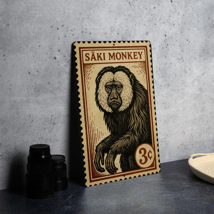 Saki Monkey Metal Sign | Vintage Stamp Style Wall Art Decor | Jungle Animal Poster for Home or Bar