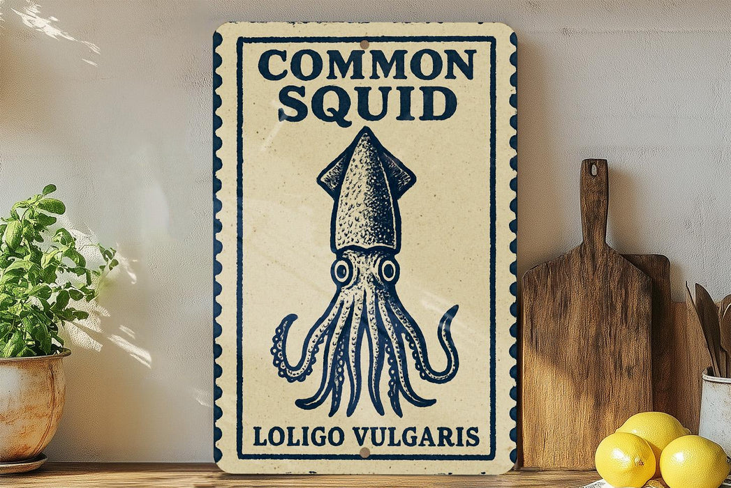 a sign with a blue and white design depicting an octopus, accompanied by the text "COMMON SQUID" and "LOLIGO VULCARIS".