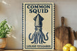 a sign with a blue and white design depicting an octopus, accompanied by the text "COMMON SQUID" and "LOLIGO VULCARIS".