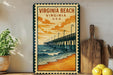 A vintage-style metal sign depicting a wooden pier extending into the ocean, with a cloudy sky in the background. The sign is framed with a border and hangs on a wall next to a wooden cutting board and a potted plant.