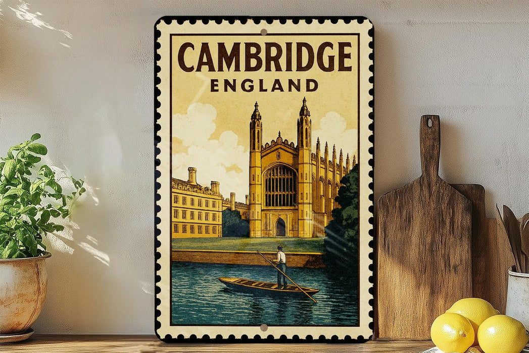 A framed vintage postage stamp depicting a man in a boat on a river, with a castle in the background, is displayed on a shelf next to a wooden cutting board and some lemons.