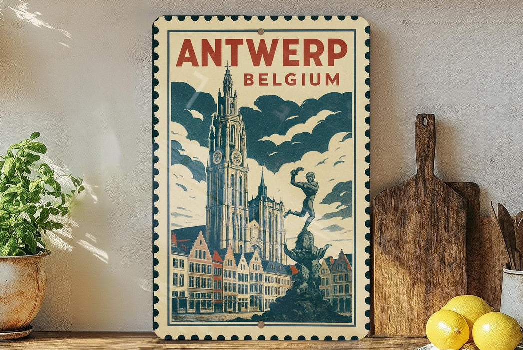 A vintage-style metal sign with a cityscape and a clock tower, featuring the text "ANTWERP BELGIUM" prominently displayed.