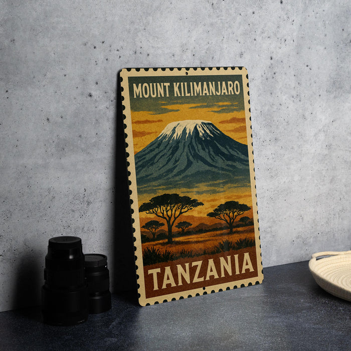 A vintage-style metal sign with the text "Mount Kilimanjaro" and "Tanzania" printed on it, depicting a mountain landscape with trees and a sunset sky.