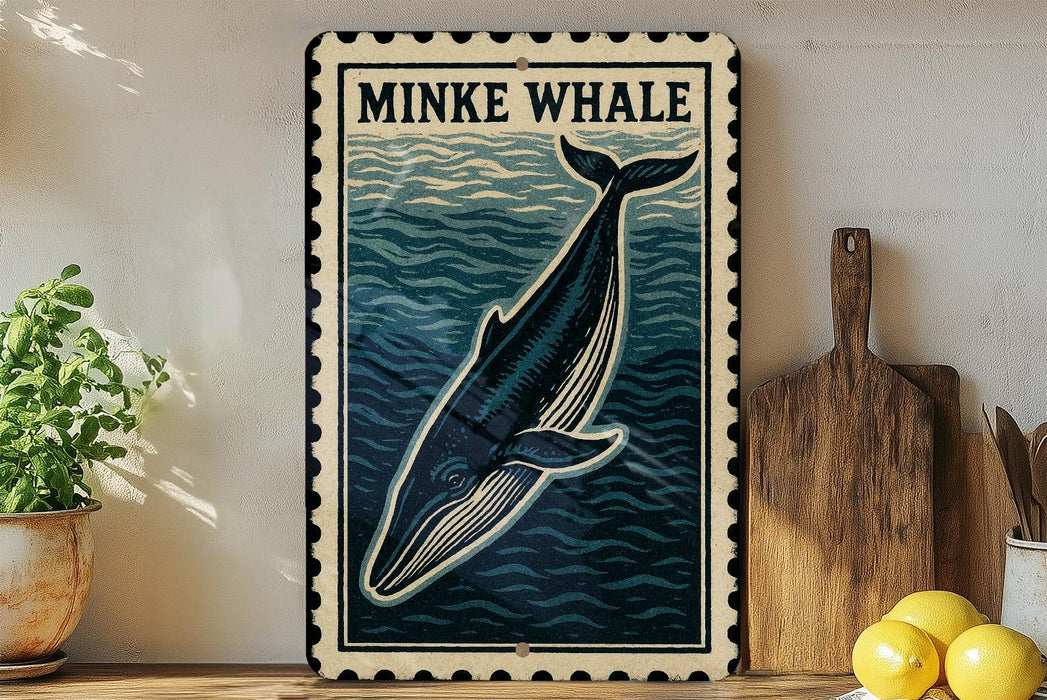a framed illustration of a Minke whale on a wall, with a wooden cutting board and a potted plant to the side.