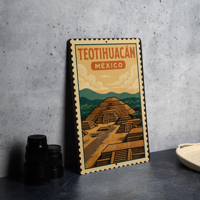 A metal sign with the text "TEOTIHUACAN MEXICO" and an illustration of an ancient Mayan pyramid, placed on a gray countertop next to some black camera lenses.