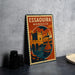 A vintage-style metal sign with the text "ESSAOUIRA MOROCCO" and an illustration of a castle, boats, and a bridge, placed on a gray concrete surface.