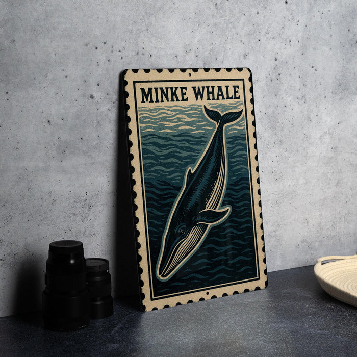 a framed illustration of a Minke whale on a wall, with a stack of black camera lenses and a white dish placed next to it.