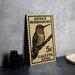 A wooden postcard featuring a colorful illustration of a hummingbird, with text indicating it is a postage stamp for Anna's hummingbird.