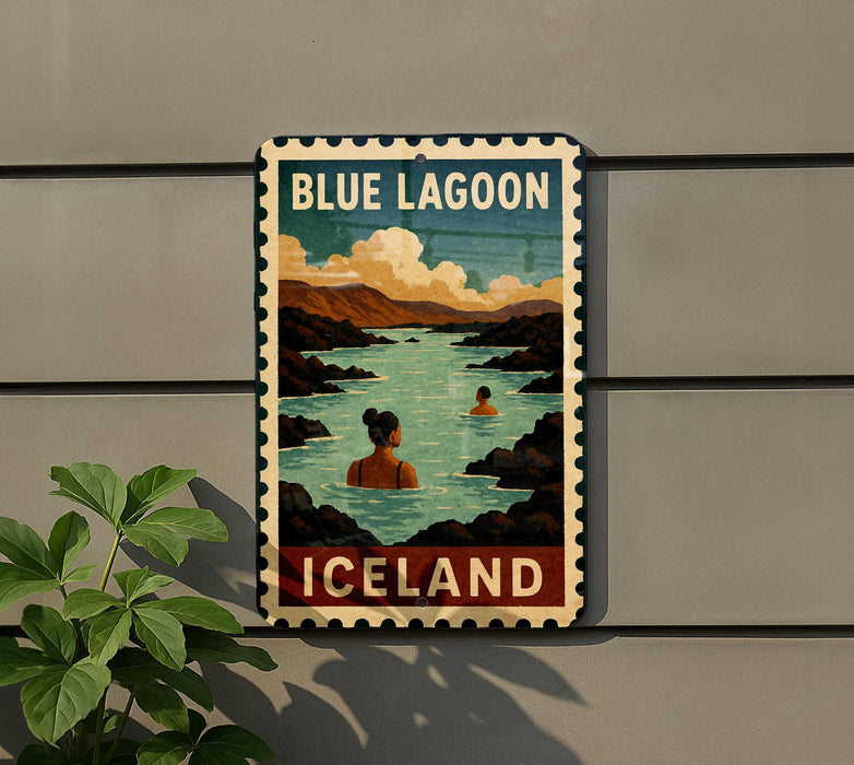 A vintage-style sign for Blue Lagoon, Iceland, featuring a woman swimming in a lake surrounded by mountains.