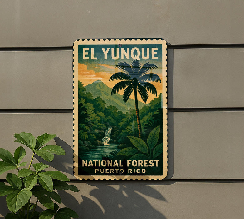 A vintage-style poster of El Yunque National Forest in Puerto Rico, featuring a tropical landscape with palm trees, a waterfall, and lush greenery.