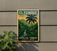 A vintage-style poster of El Yunque National Forest in Puerto Rico, featuring a tropical landscape with palm trees, a waterfall, and lush greenery.