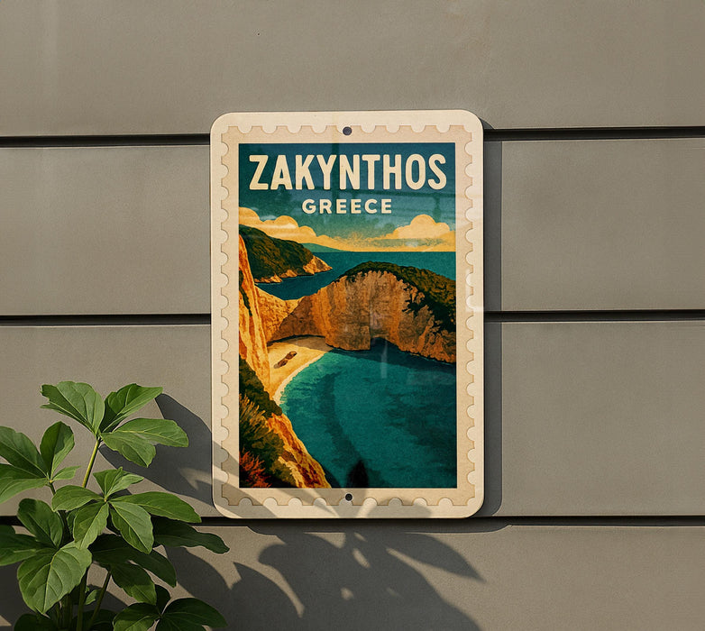 A sign for Zakynthos, Greece, featuring a scenic image of the island with a beach and cliffs.