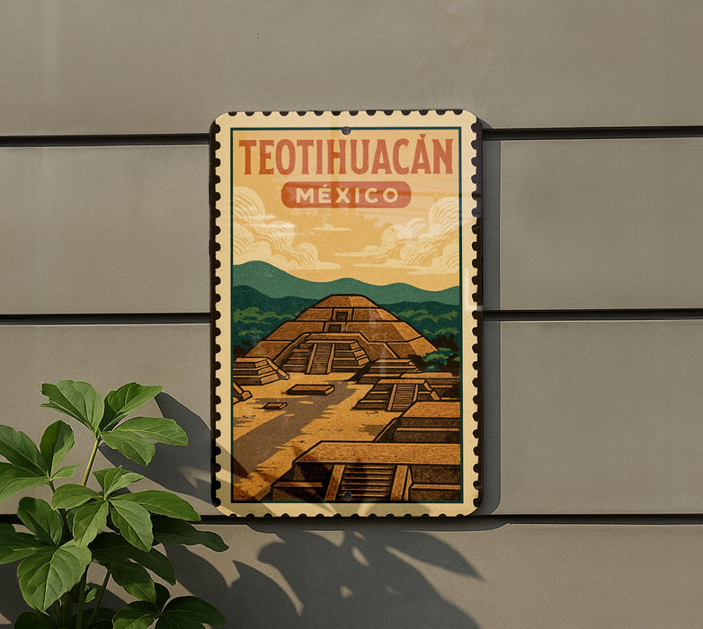 A vintage-style poster of Teotihuacan, the ancient city in Mexico, is displayed on a wall.