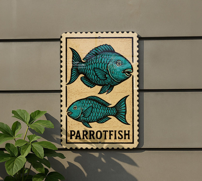 a sign with a parrotfish illustration on it, mounted on a wall.