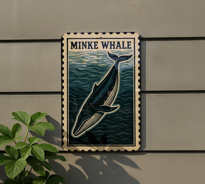 a framed illustration of a Minke whale, which is a type of whale, mounted on a wall.