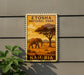 an elephant walking in a savanna landscape, with the text "ETOSHA NATIONAL PARK NAMIBIA" displayed prominently.