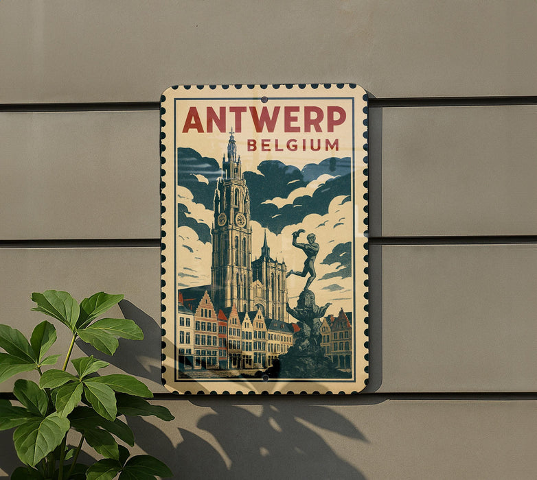 A vintage-style metal sign with the text "ANTWERP BELGIUM" and an illustration of a cityscape with a tall clock tower.