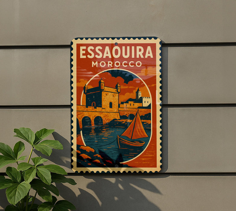 A vintage-style metal sign with the text "ESSAOUIRA MOROCCO" displayed on a wall, featuring an illustration of a castle and a sailboat.