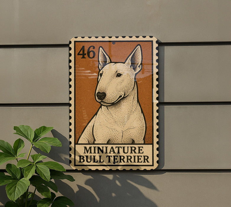 a bull terrier, a small breed of dog, depicted in a miniature scale.