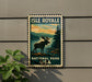 A vintage-style metal sign for Isle Royale National Park in the United States, featuring a moose in a forest landscape.
