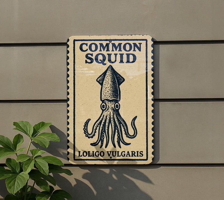 a sign with a squid illustration and the text "Common Squid" and "Loligo Vulgaris" on it, mounted on a wall.