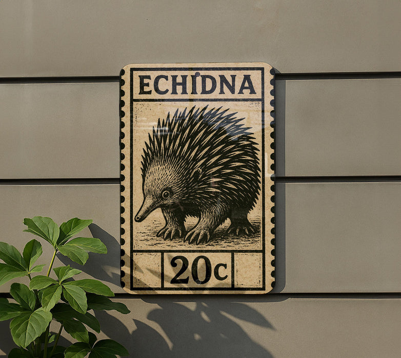 a wooden sign with a picture of an echidna, which is a type of insect, mounted on a wall.