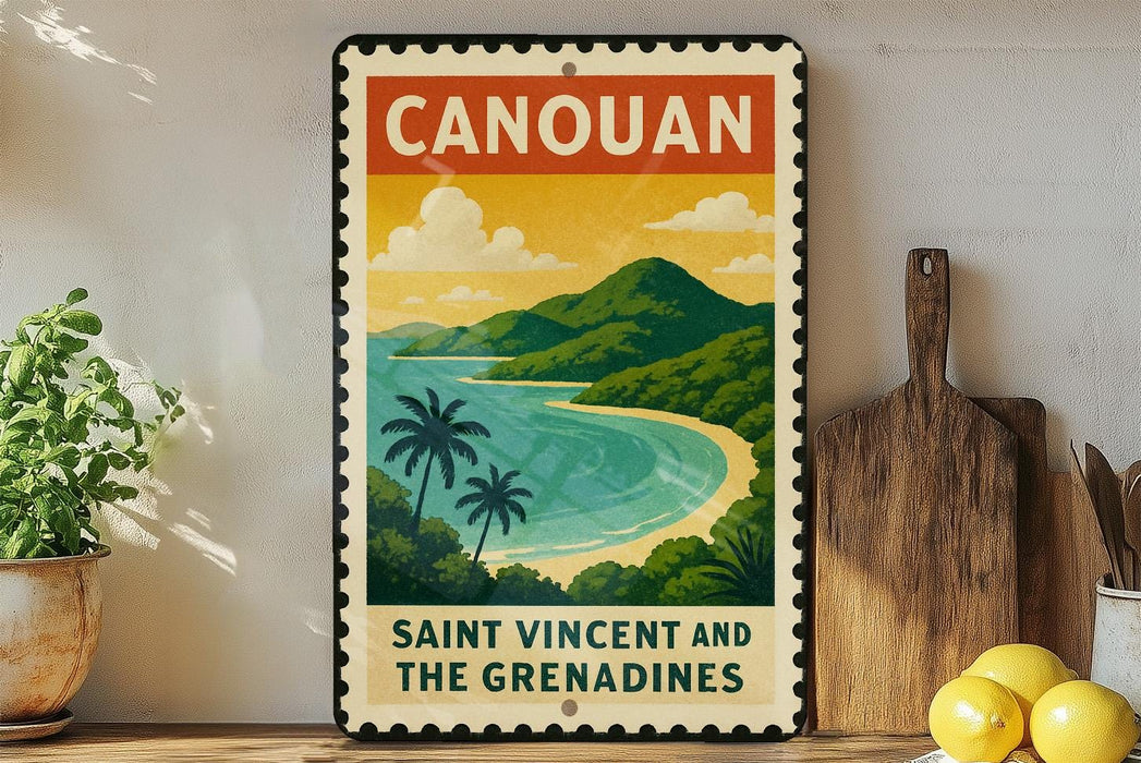 A vintage-style poster of the island of Canouan, featuring a tropical beach scene with palm trees and mountains in the background.