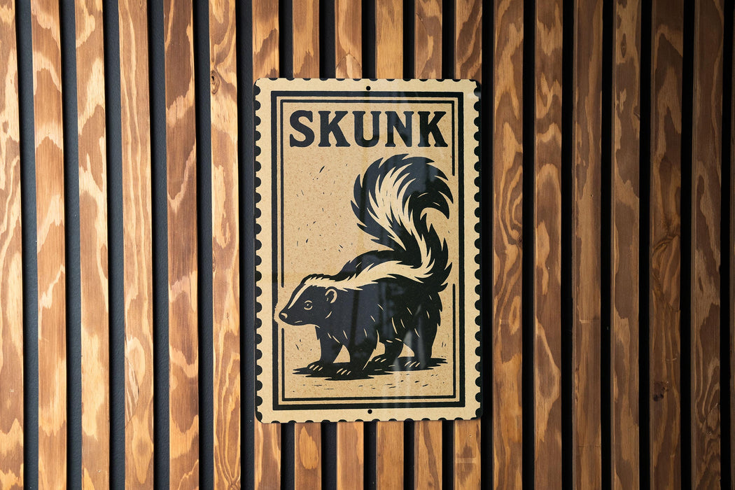 A sign with the word "SKUNK" and a graphic of a skunk is displayed on a wooden wall.