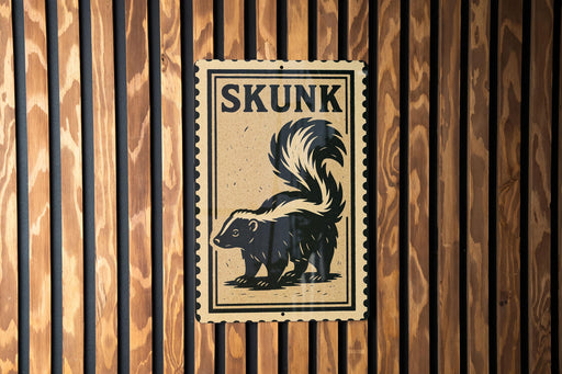 A sign with the word "SKUNK" and a graphic of a skunk is displayed on a wooden wall.