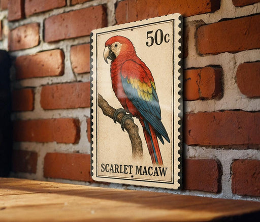 A postage stamp featuring a colorful parrot, specifically a red and blue macaw, perched on a branch.