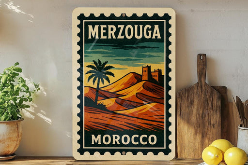 A vintage-style stamp depicting a desert landscape with a palm tree and mountains, with the text "MERZOUGA" and "MOROCCO" printed on it. The stamp is displayed on a shelf next to a wooden cutting board and a potted plant.