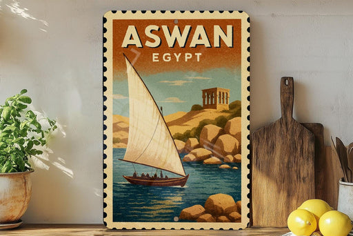 a vintage-style poster of a sailboat on a body of water, with a rocky shore and a temple in the background, all framed by a decorative border.