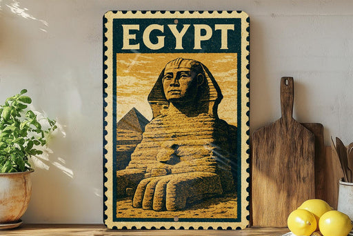 a framed illustration of the Sphinx, a famous ancient Egyptian monument, displayed on a shelf.