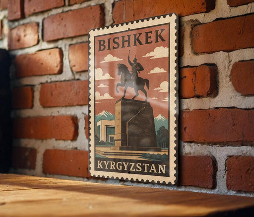 A vintage-style postage stamp featuring a statue of a man on a horse, mounted on a brick wall.