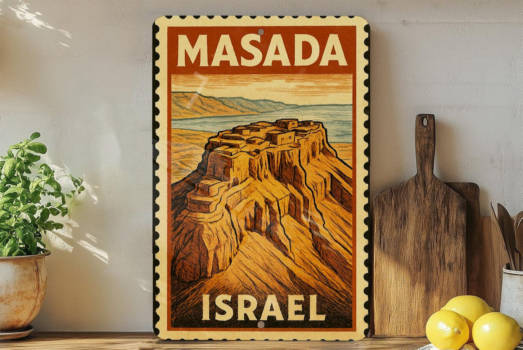 A framed vintage-style poster of Masada, a famous landmark in Israel, is displayed on a wall next to a wooden cutting board and some potted plants.
