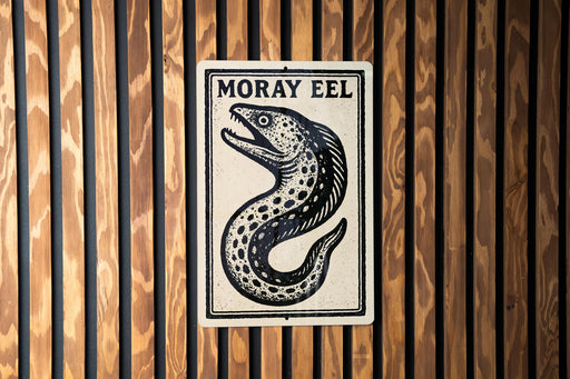 a sign with a fish illustration and the text "Moray Eel" on it, mounted on a wooden wall.