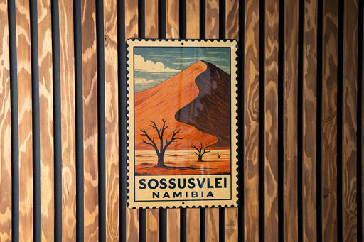 A vintage postage stamp depicting a desert landscape with a mountain in the background, hanging on a wooden wall.