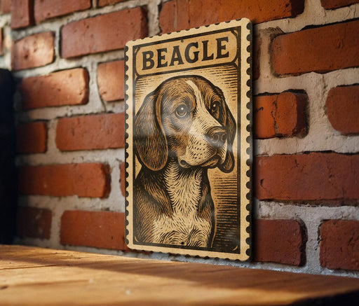 a wooden frame with a detailed illustration of a beagle dog on a brick wall.