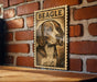 a wooden frame with a detailed illustration of a beagle dog on a brick wall.