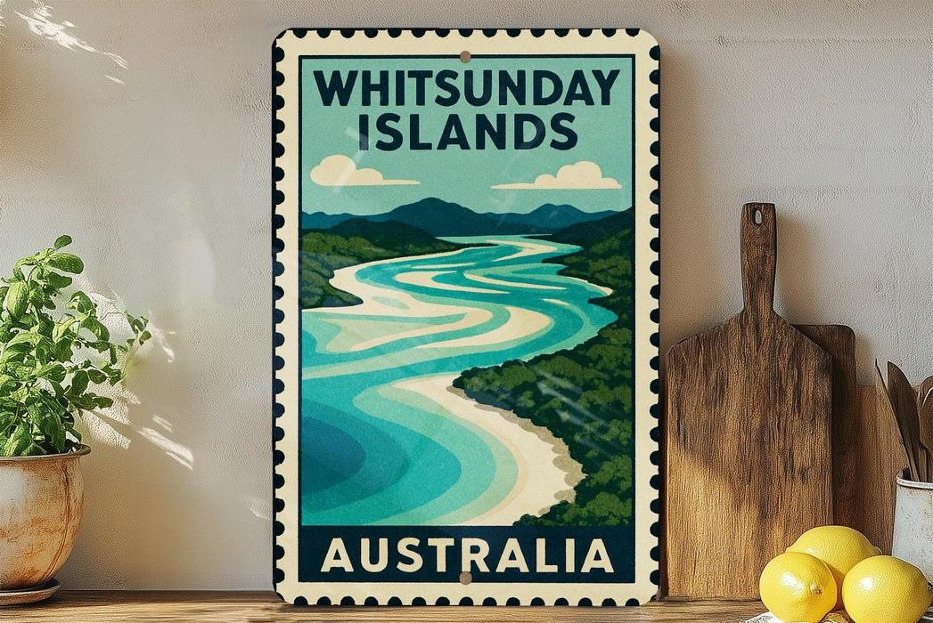 A vintage-style stamp depicting Whitsunday Islands, Australia, with a river and mountains in the background.