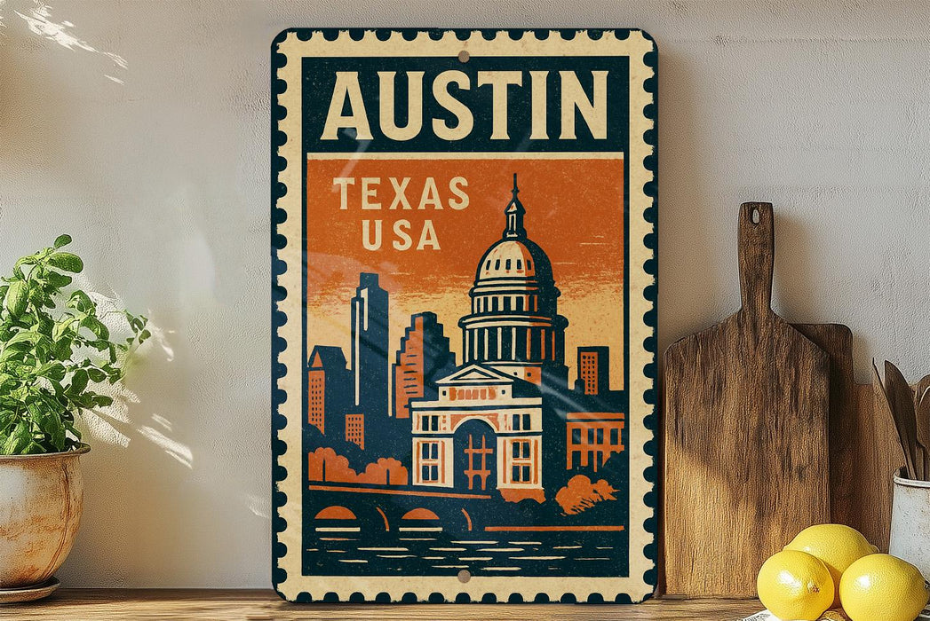 A vintage-style metal sign with the text "AUSTIN TEXAS USA" and an illustration of the Texas State Capitol building, placed on a wooden surface next to a wooden cutting board and a potted plant.