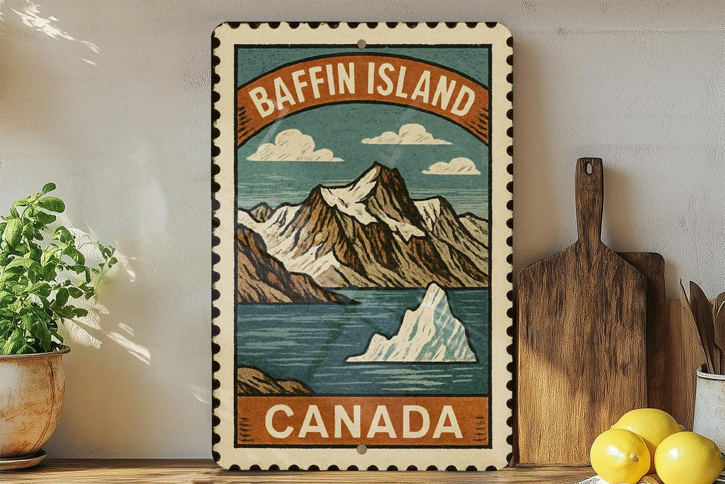 A vintage-style metal sign with a mountain landscape and a polar ice cap, along with the text "Baffin Island, Canada". The sign is displayed on a shelf next to a wooden cutting board and some potted plants.
