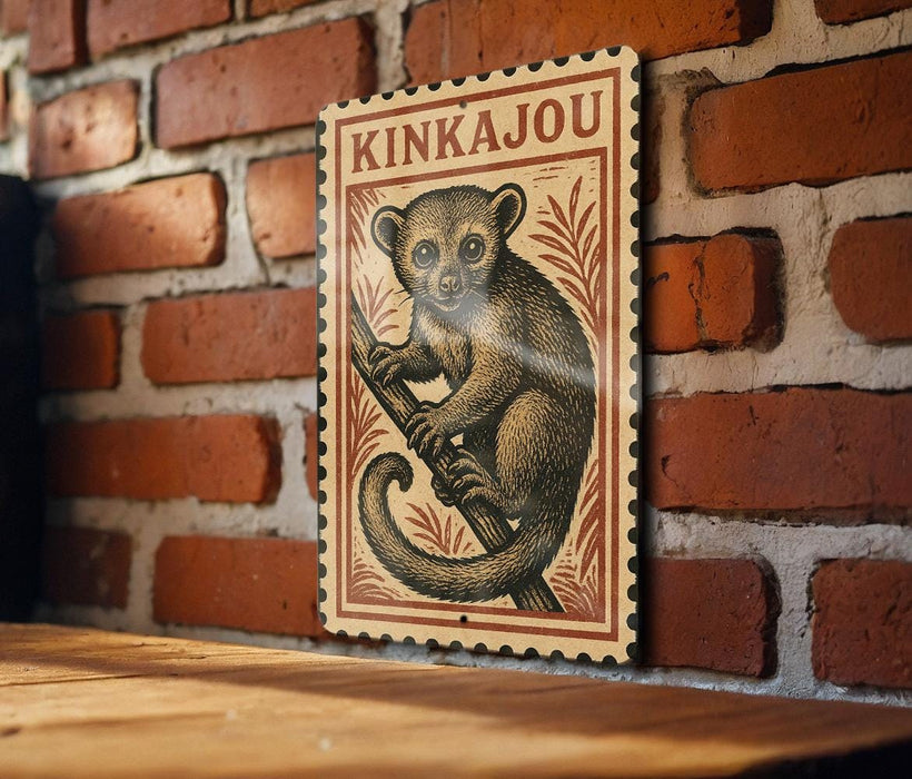 A vintage-style metal sign featuring a cartoon illustration of a kangaroo, mounted on a brick wall.