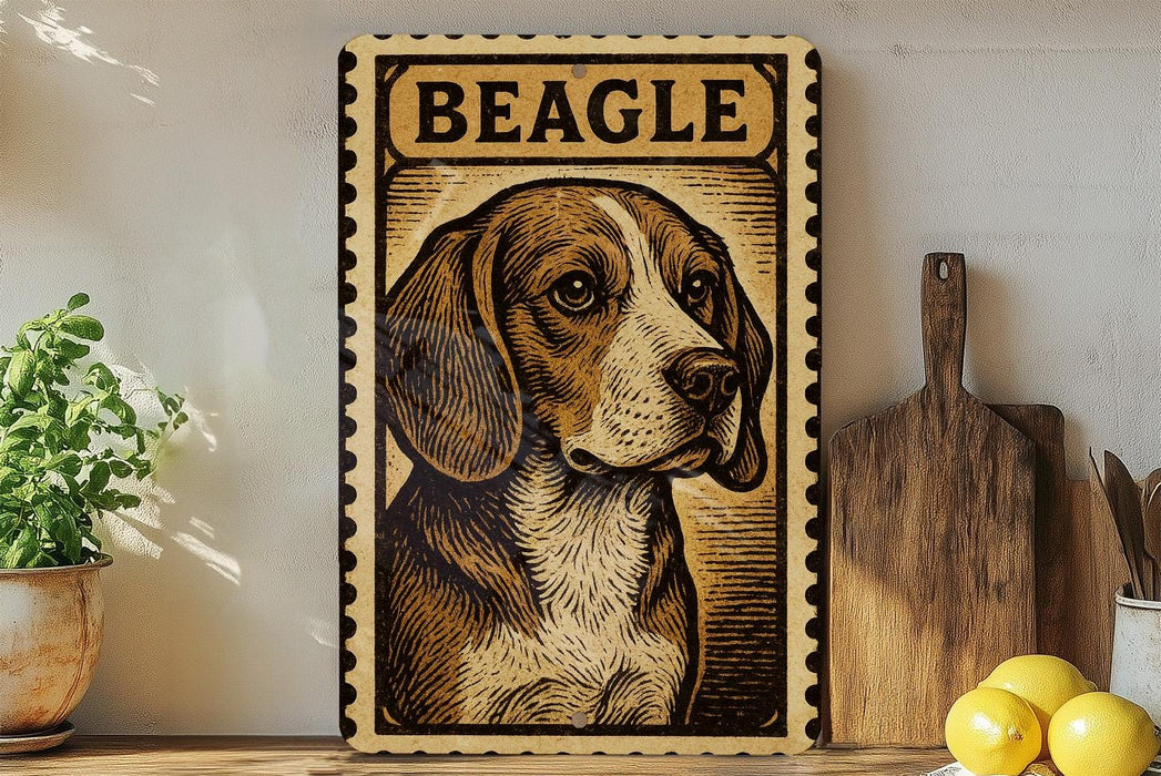 a framed illustration of a beagle dog, with a wooden cutting board and a potted plant in the background.