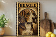a framed illustration of a beagle dog, with a wooden cutting board and a potted plant in the background.