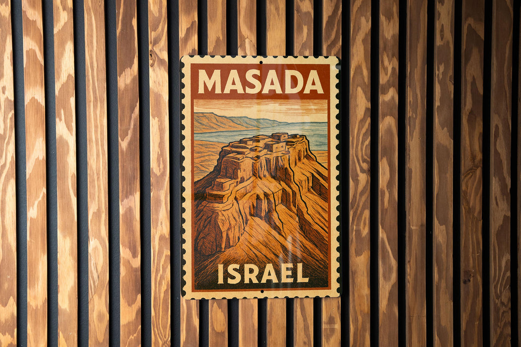 A vintage-style postage stamp depicting Masada, the ancient city of Jerusalem, is displayed on a wooden wall.