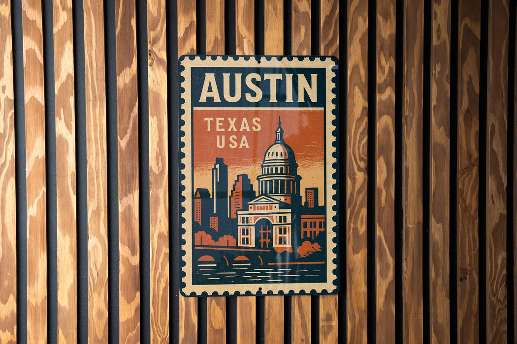 A vintage-style metal sign with the text "AUSTIN TEXAS USA" and an illustration of the Texas State Capitol building.