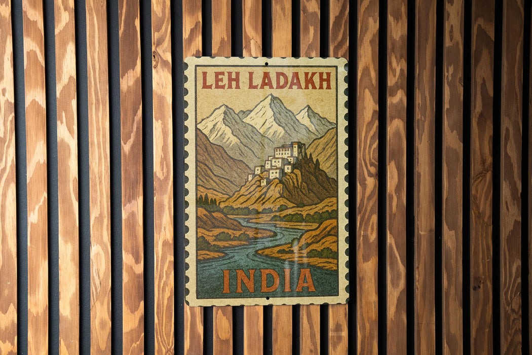 A vintage-style postage stamp from India featuring a mountain landscape with a small village or town in the background.