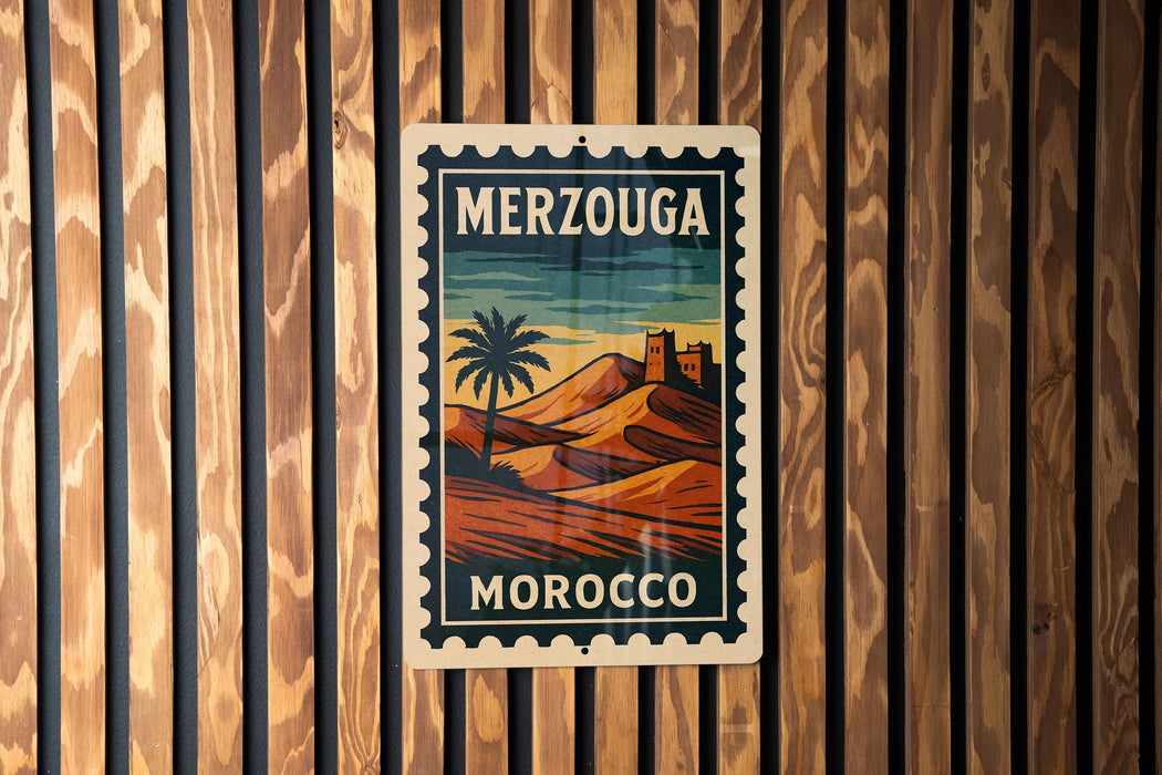 A vintage-style metal sign with the text "MERZOUGA MOROCCO" displayed on a wooden wall.