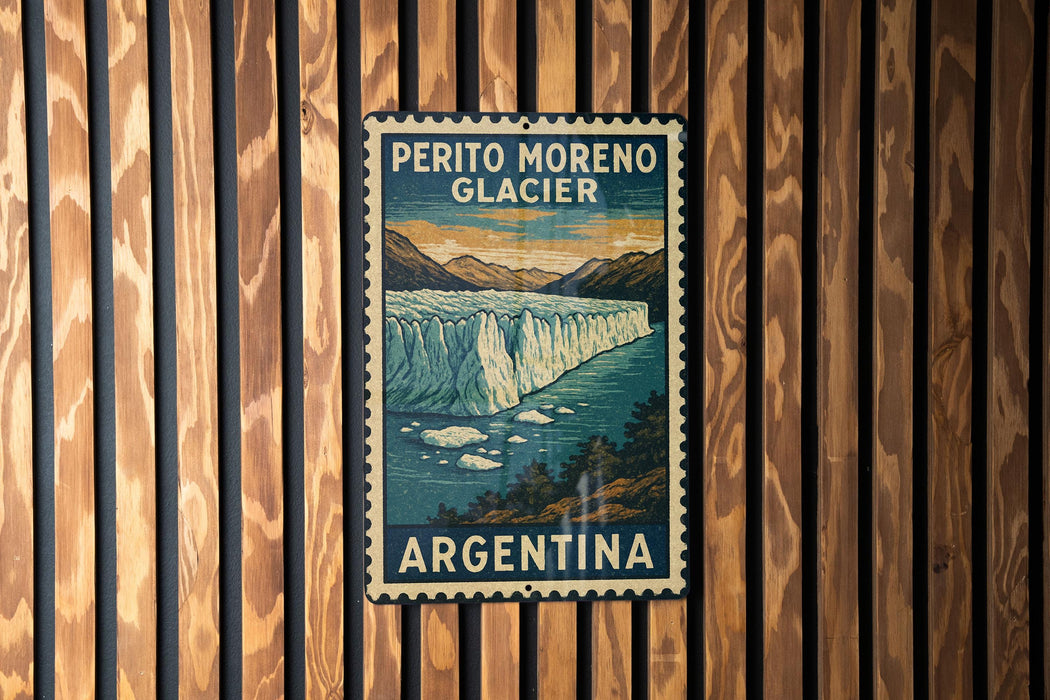 A vintage-style metal sign with the text "PERITO MORENO GLACIER ARGENTINA" and an illustration of a glacier, mounted on a wooden wall.